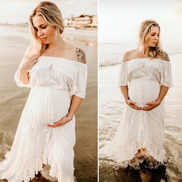 Free People Tambourine Off Shoulder Maxi Dress Large Blush Pink Boho Ethereal - Picture 4 of 15